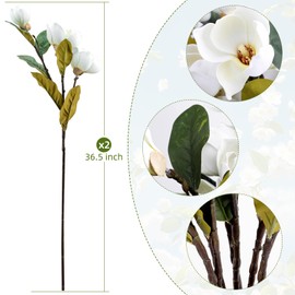 2 PCS 36.5inch Artificial Magnolia Flowers 3D Real Touch 6 Heads Faux Magnolia Flowers Realistic Long Stem with Green Leaves for Home Wedding Table Office Floral Arrangement Decoration (White)