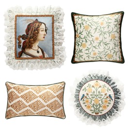 patdrea Designer Vintage Throw Pillow Covers,Luxury Soft Dutch Velvet Pillows Cover with Oil Painting and Birds Floral Pattern,Farmhouse Decorative Cushion for Couch,Bed,Living Room, Set of 4