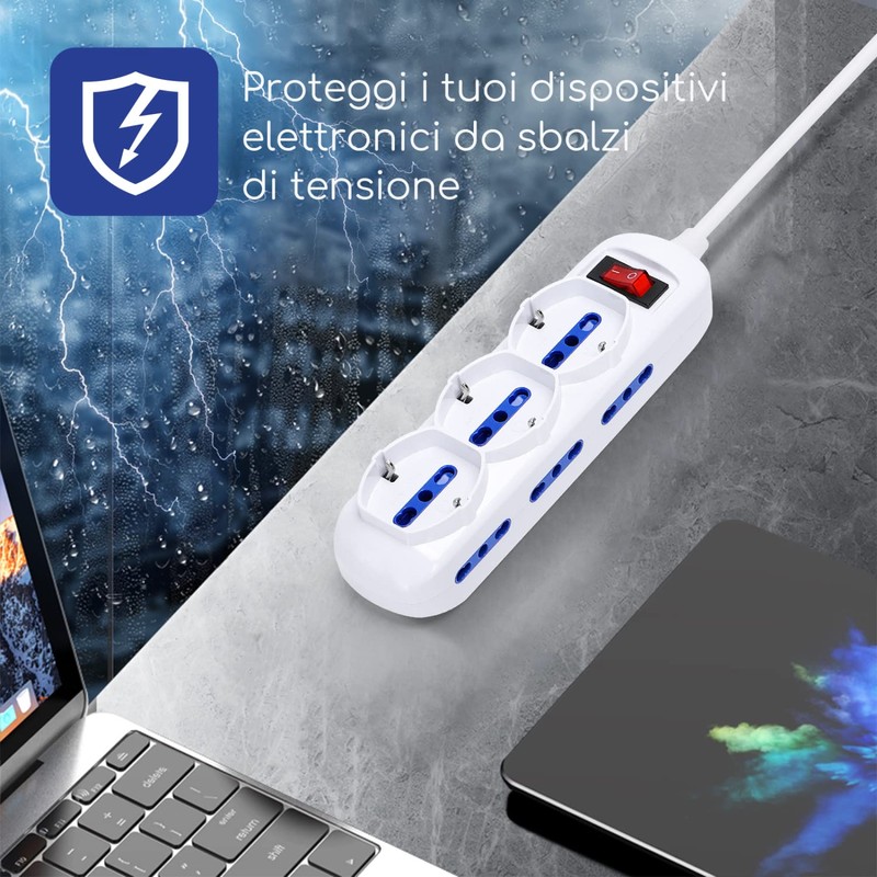 Aigostar Mehrfachsteckdose， Mehrzweck-9-fach-Steckdosenleiste， 250 V/3680 W. 3 m Kabel. Weiß.Italienisch