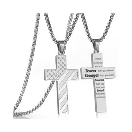 Silver American Flag Cross Necklace for Men Bible Verse,Always Remember Christian Religious Scriptures Faith Baptism 1st First Communion Cross Pendant Chain for Boys,Father's Day Gifts For Dad Jewelry