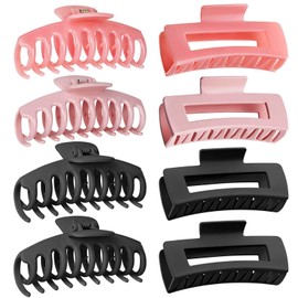 TOCESS 4.33 Inch 8 Pack Jumbo Claw Clips for Thick Hair Women, Non-Slip Matte Black & Bright Jelly Pink Large Rectangle Hair Clamps for Girls with Wavy or Curly Hair in Vacation, Gym, or Home