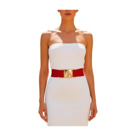 Women's Red Elastic Waist Belt with Gold Rectangle Buckle – Stretch Waistband Adjustable Fit S-M WB6