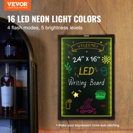 VEVOR LED Message Writing Board, 24"x16" Illuminated Erasable Lighted Chalkboard, Neon Effect Menu Sign Board, Drawing Board with 8 Fluorescent Chalk Markers and Remote Control, for Home Wedding Shop