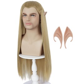Long Blonde Straight Wig with Elf Ears for Men Costume Braided Ash Blonde Wig for Halloween Cosplay Party