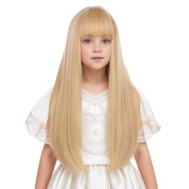 Edivd Girls Gold Blonde Wig Long Blonde Wig with Air Bangs for Kids Children Straight Wigs Heat Resistant Synthetic Wigs with Cap