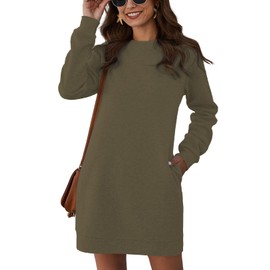 Vemubapis Women Crewneck Sweatshirt Dress Long Sleeve Casual Mini Dresses Pullover Pockets Darkolive S