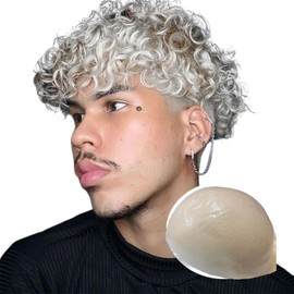 Toupee for Men Human Hairpiece Mens Toupee with PU Hair Units Curly Wave Mens Wigs Human Replacement System 10" x 8" (White)