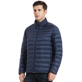 SLOW DOWN Men Lightweight Down Puffer Jakcet, Packable Winter Puffy Down Jacket with 2 Packing Bag (Deep Navy,M)