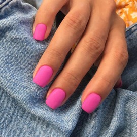 Matte Neon Pink Press on Nails Short Square, Short Fake Nails Glue on Short Square Nails Press ons, Soft Gel Glue on Nails Short Stick on Nails for Women Thick Reusable Solid Color Acrylic Nails 24pcs