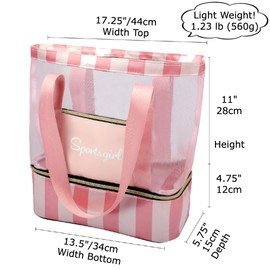 Two KAT Insulated Cooler Compartment Mesh Beach Tote Bag, Large Capacity Waterproof Wet Dry Separation Zipper Stripe Backpack (Pink)