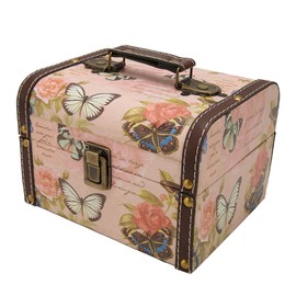 Treasure Chest Box Pink Butterfly Pattern Exquisite Retro Wooden PU Leather Storage Box for Girl Women