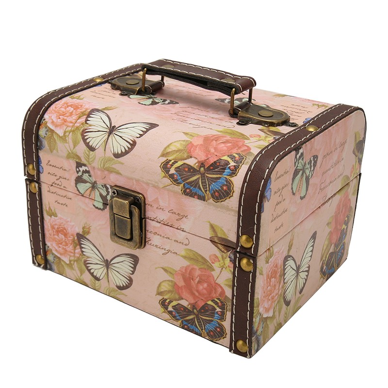Treasure Chest Box Pink Butterfly Pattern Exquisite Retro Wooden PU