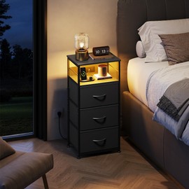 WLIVE LED Nightstand with Charging Station, Black Night Stand with 3 Fabric Drawers and Storage Shelf, Small Dresser for Small Space, Bedside Table with USB Ports and Outlets for Bedroom