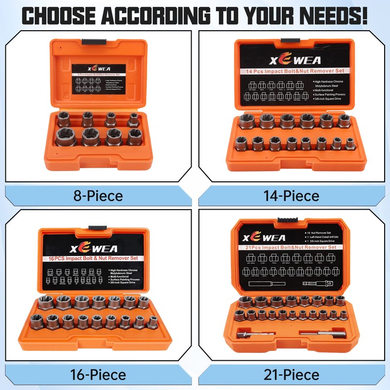 XEWEA 14PCS Bolt Extractor Set, 3/8" Drive Impact Stripped Bolt