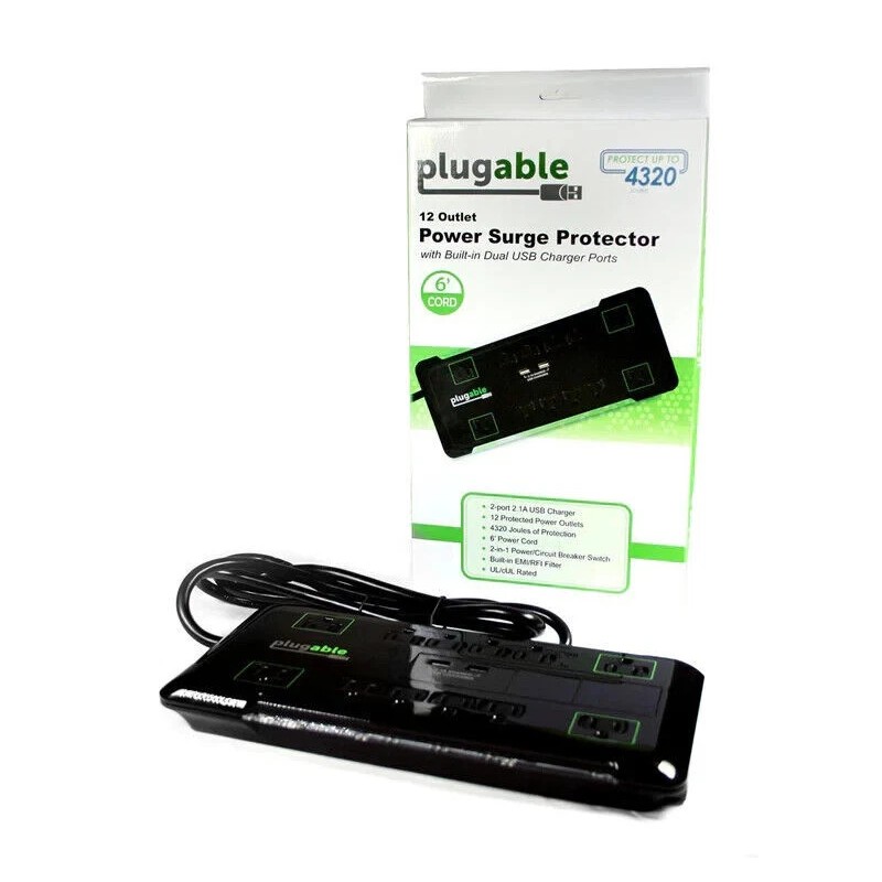 Plugable PS12-USB2B Surge Protector Power Strip with USB and 12