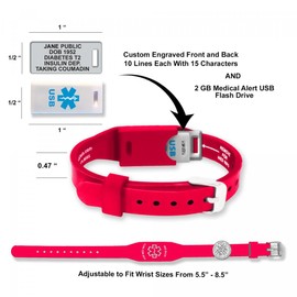 Universal Medical Data Elite II USB Plus Medical Alert Bracelet, Medical Alert Bracelet with USB Waterproof Silicone Bracelet, Medic Alert USB Medical ID Bracelets for Women (Red)