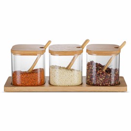 HONGCHU Condiment Containers with lids 3 pack Seasoning Box Condiment Pots Jars with Spoons Container for Spice Salt Sugar Cruet (Quadrate 1 set)