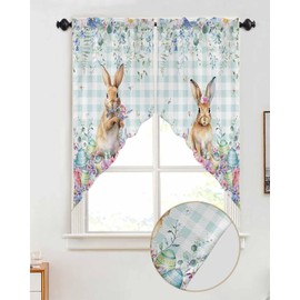 Easter Swag Curtains,Bunny Eggs Spring Flowers Swag Valances for Windows Rod Pocket Buffalo Plaid Kitchen Curtains Valances Scalloped Valance/Swag Easter Window Treatment (28" W x 36" L Each Panel)