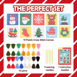 Pllieay Christmas 10-in-1 Cross Stitch Beginner Kit for Kids, Includes Instruction of 10 Different Patterns, 10 Printed Plastic canvases for Needlework, Needlepoint Starter Sewing Set