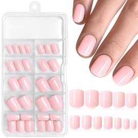 Bellelfin 120pcs Short Press on Nails Peach Pink Full Cover Short Square Glossy Fake Nails Acrylic Artificial False Nail Tips with 5 Sheets Adhesive Glue Tabs for Women and Girls Fingernails Design