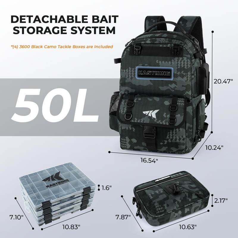 KastKing BaitSpace 50L Fishing Tackle Backpack with Removable Bait Binder