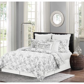 C&F Home Miriam Slate King 3 Piece Reversible Coverlet Quilt Set with 2 King Shams Quilt Set Grey and White Floral Toile Elegant Reverse to Grey and White Stripe King 3 Piece Set Slate