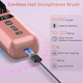 Cordless Hair Straightener Brush 10000mAh: Electric Hot Comb for Black Women Hair - Portable Negative Ion Straightening Brush for Travel