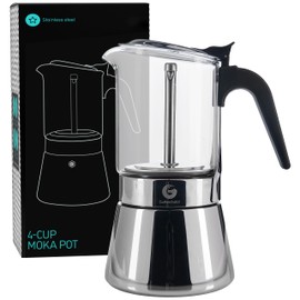 Coffee Gator 4 Cup Moka Pot, 6.7oz Stovetop Espresso Maker for Italian Coffee, Transparent Glass & Stainless Steel Design, Silver, 200ml