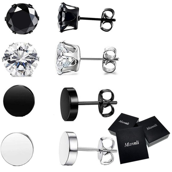 4 Pairs Stainless Steel Stud Earrings for Men Women CZ