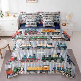 Kids Train Comforter Set Twin Size Colorful Steam Engine Train Bedding Sets(1 Comforter, 1 Flat Sheet 1 Fitted Sheet 2 Pillowcases And 2 Throw Pillow Covers)Gray, Green, Blue, Yellow, White