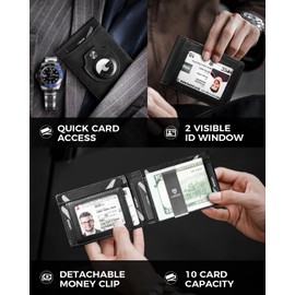 LORZOR Wallet for Men with Money Clip - Mens AirTag Wallet Slim Front Pocket RFID Blocking Card Holder, Oil Waxed Leather Minimalist Wallet with Present Box(Black)