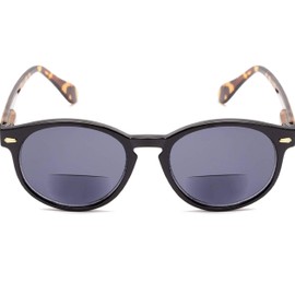 The Drama Bifocal Reading Sunglasses Sun Reader Plastic Round Style for Men and Women, Black/Tortoise with Smoke + 2.00