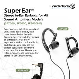 SuperEar Loud & Clear Stereo in-Ear Earbuds with 3.5mm Universal Connector: Earhook Style Ear Buds with Ear Loops Wired - Secure & Comfortable Fit, Fully Compatible with All Amplifiers