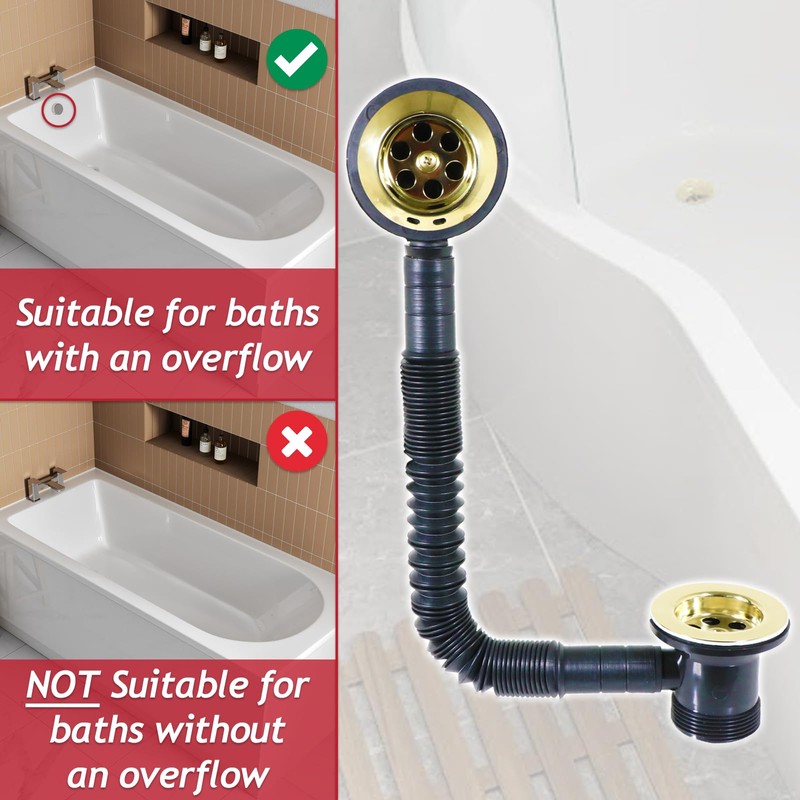 SPARES2GO Bath Combination Waste Plug and Chain Luxury Gold Brass