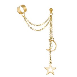 Gold Moon and Star Chain Tassel Earring for Women Dangling Cute Chain Fun Clip On Hoop Earring Long Drop Funny Lightweight Girls Jewelry (Gold 1PCS)