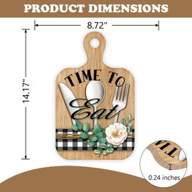 Bolisom Time to Eat Cutting Board Front Door Sign, Knife Fork Spoon White Flower Wood Door Hanger Home Kitchen Dining Room Decor, Buffalo Plaid Farmhouse Wooden Wreath Indoor Wall Hanging Decoration