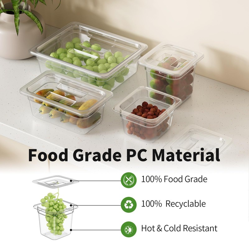 FORITRUE 1/6 6'' 6 Pack Plastic Food Pans With Lids,