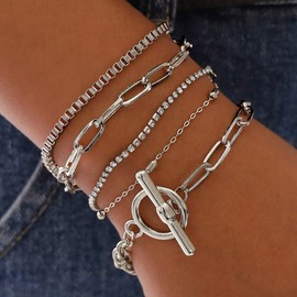 Chamqueen Adjustable Alloy Chain Bracelet Set Fashion Jewelry Gift for Women Girls Circle Silver