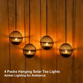Solar Hanging Lanterns Lights Outdoor, 4 Pack Hanging Candle Holder with Solar Tea Lights Candles Outdoor Waterproof, Chandelier Ideas for Tree Pergola Patio Decor, ALL FORTUNE