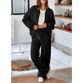 Aleumdr Women's 2 Piece Outfits Sweatsuit Fleece Zip Up Long Sleeve Sweatshirt with Wide Leg Sweatpants Lounge Set Black Medium