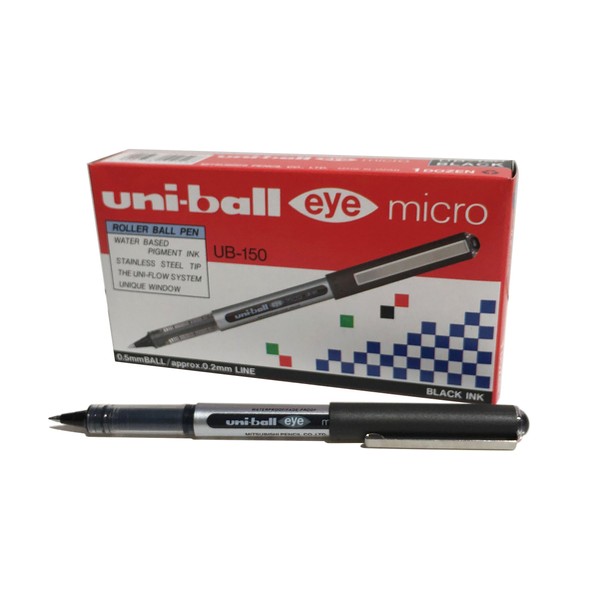 uni-ball UB-150 Eye Black Rollerball Pens. Premium Micro 0.5mm Ballpoint Tip for Super Smooth Handwriting, Drawing, Art, Crafts and Colouring. Fade and Water Resistant Liquid Uni Super Ink. 12 Pack