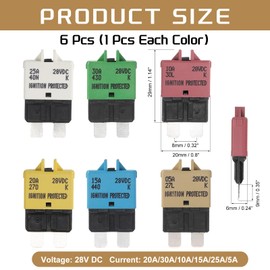 DMiotech 6 Pack 28V DC 5A 10A 15A 20A 25A 30A Multicolor ATC/ATO Manual Mini Resettable Fuse Assortment Kit for Automotive Circuit Breaker for Car Truck SUV Marine Boat Motorcycle