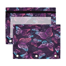 Kcldeci Pencil Pouch for 3 Ring Binder,Purple and Neon Butterflies 2 Pack Binder Pencil Pouch Pencil Bags with Zipper & Reinforced Grommets, Pencil Case for Binder