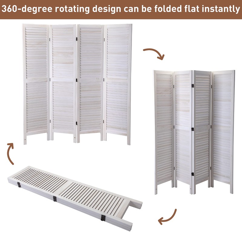 SANDINRAYLI 4 Panel Wood Louver Folding Screen, Room Divider, Portable