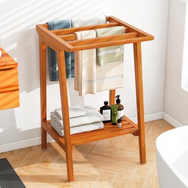 Giantex Teak Towel Rack for Bathroom, 5 Bars Freestanding Towel Racks with Storage Shelf, Wood Shower Clothing Drying Rack, Blanket Stand for Living Room Poolside, 19.5" L x 19.5" W x 31.5" H