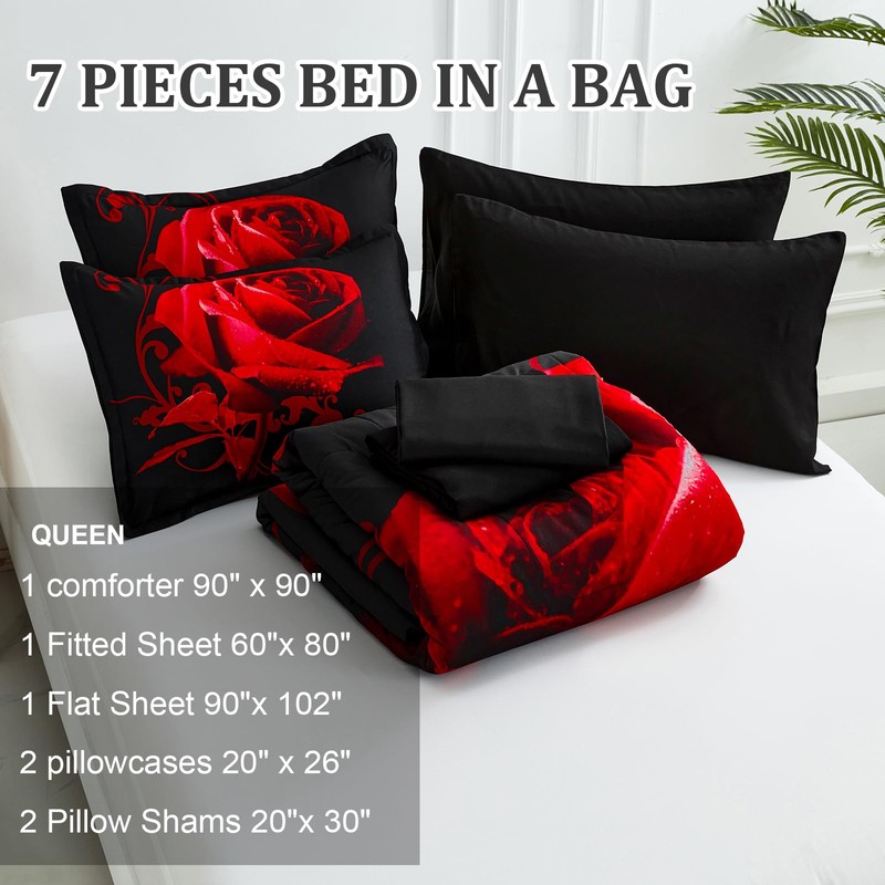 WONGS BEDDING Red Comforter Set Queen, Reversible Red Rose 7