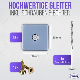 Filzada® 18x Teflon Gliders for Screwing - 50 x 50 mm (Square) - Furniture Glides / Carpet Glides PTFE (Teflon) with Screws