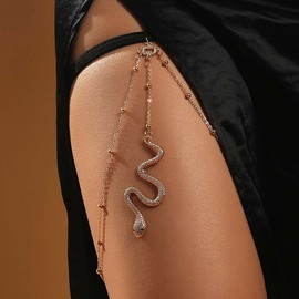 Atentuyi Punk Snake Leg Chain Beads Thigh Chain Gold Thigh Leg Chain Elastic Harness Bikini Snake Body Chain Beach Boho Beads Thigh Jewellery for Women Girls