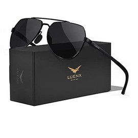 LUENX Men Women Aviator Sunglasses Polarized Shades Flexible Spring Hinge - Black Dark Lens Black Metal Frame 60MM