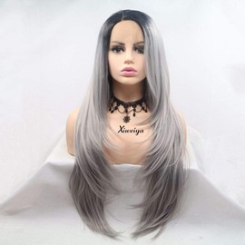 XIWEYA Grey Long Hair Dark Root Natural Straight Lace Front Heat Resistant Glueless Synthetic Hair Wig for Women Cosplay Party 180 Density Soft 24"